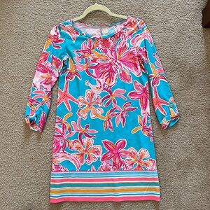 Lilly Pulitzer Linden Dress aqua pink and coral beach print